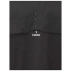 A black garment featuring a small logo and the word FARAH prominently displayed beneath it highlights simple design in a sleek and minimalistic context.