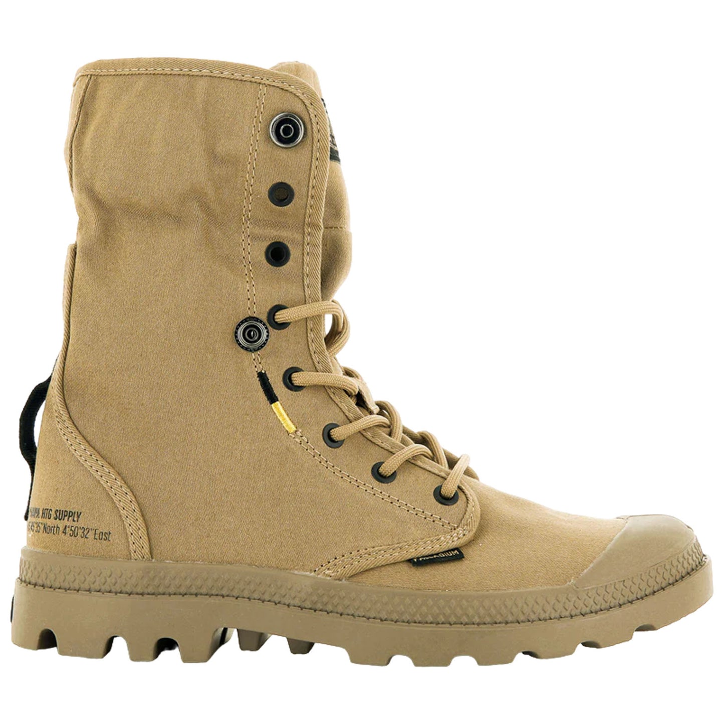 A tan outdoor boot stands upright featuring a high top and lacing system with metal eyelets and a rugged sole designed for traction, displayed against a plain background.