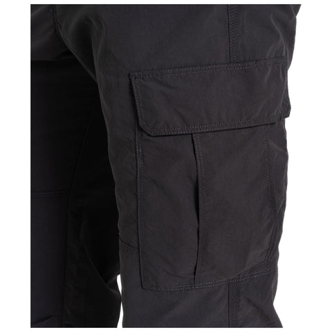 A pair of black cargo pants is displayed with visible pockets on the thigh area highlighting a textured fabric and stitching details in a clean and minimalist setting.