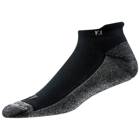 A black ankle sock with a textured gray heel and toe is positioned upright against a plain light background showcasing its smooth fabric and contrasting color pattern.