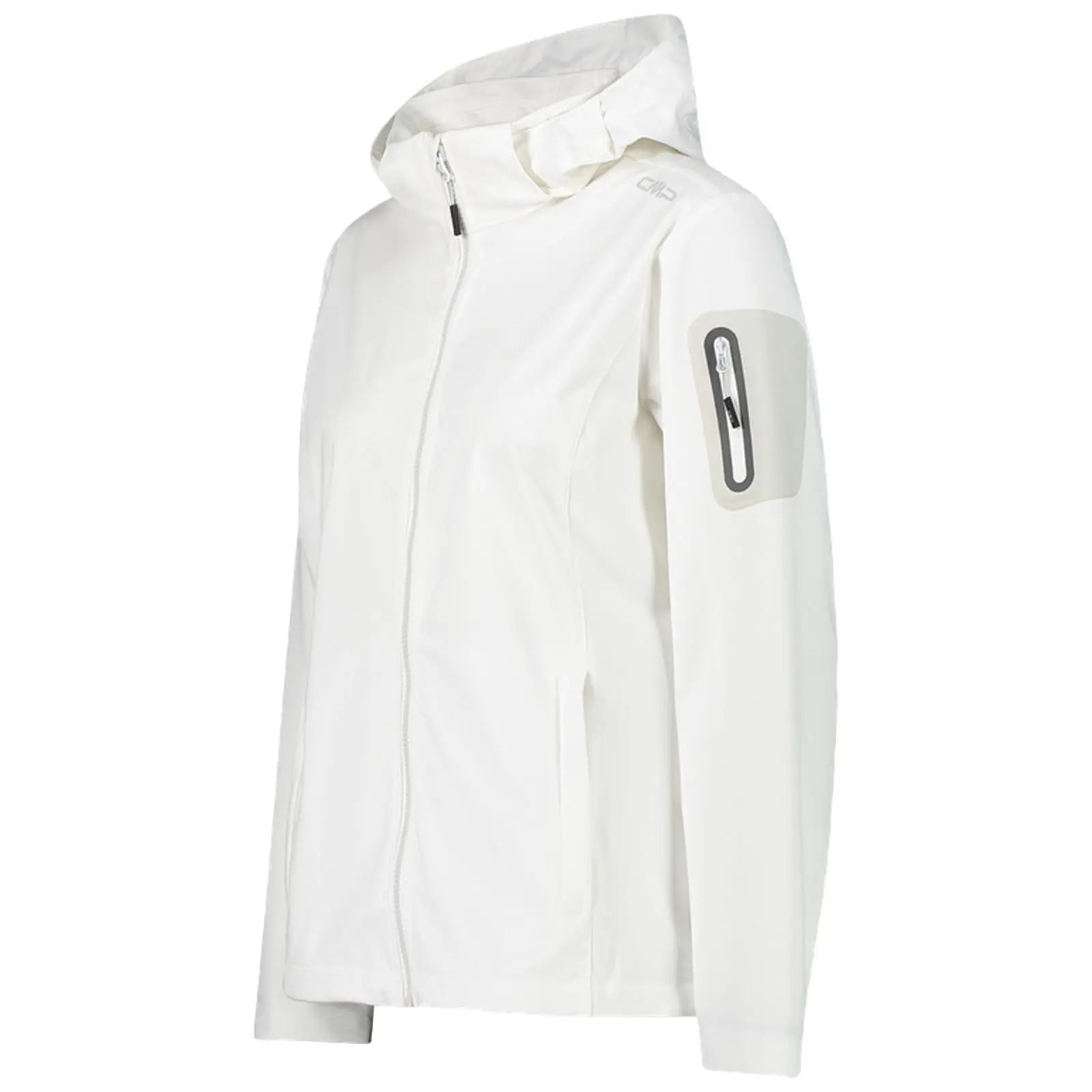 A white jacket with a hood is displayed facing right featuring a zippered front and a pocket on the left arm designed for outdoor use or casual wear.