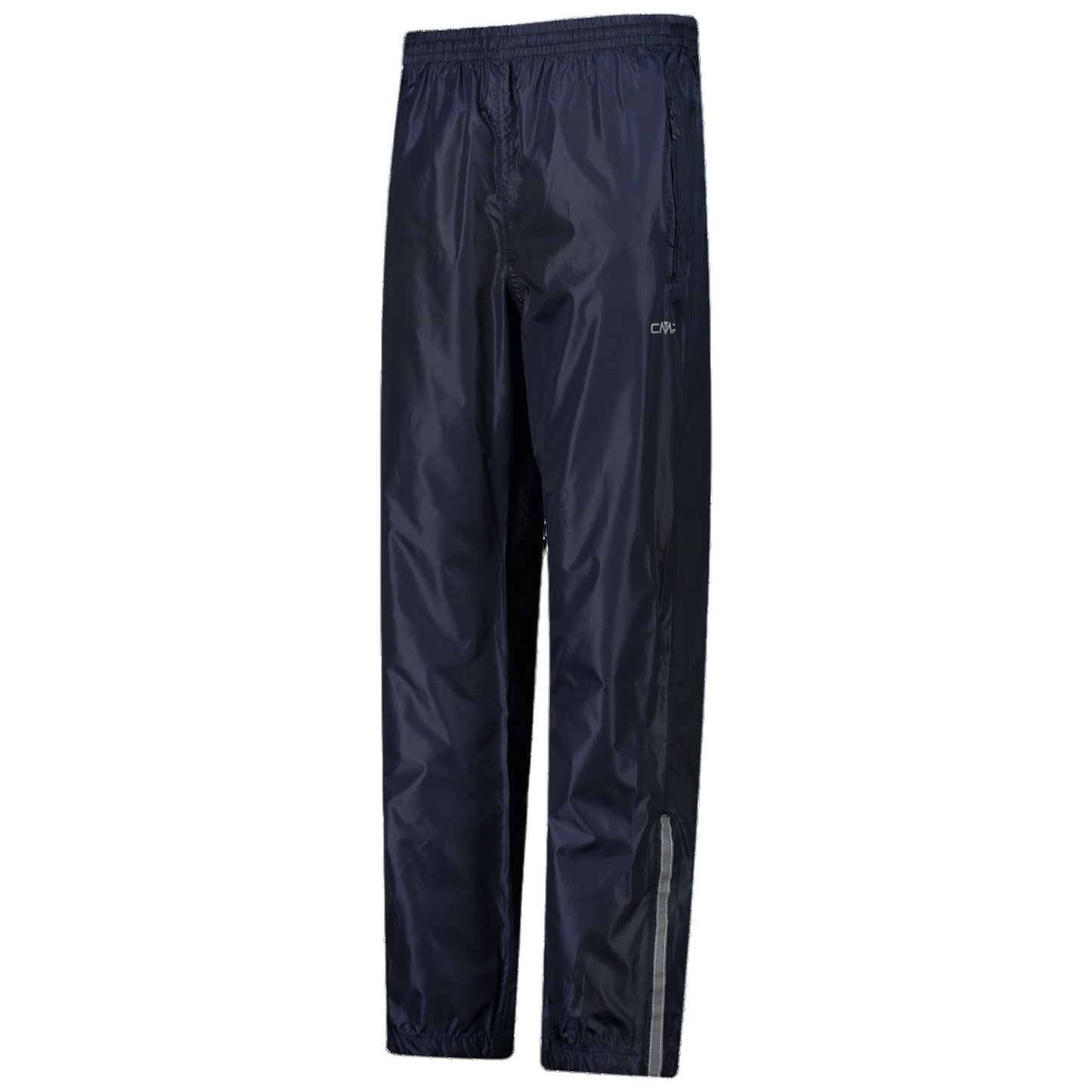 Navy blue, lightweight, water-resistant pants are displayed. Designed for outdoor use, they feature an elastic waistband and side pockets, suitable for wet weather or active wear.