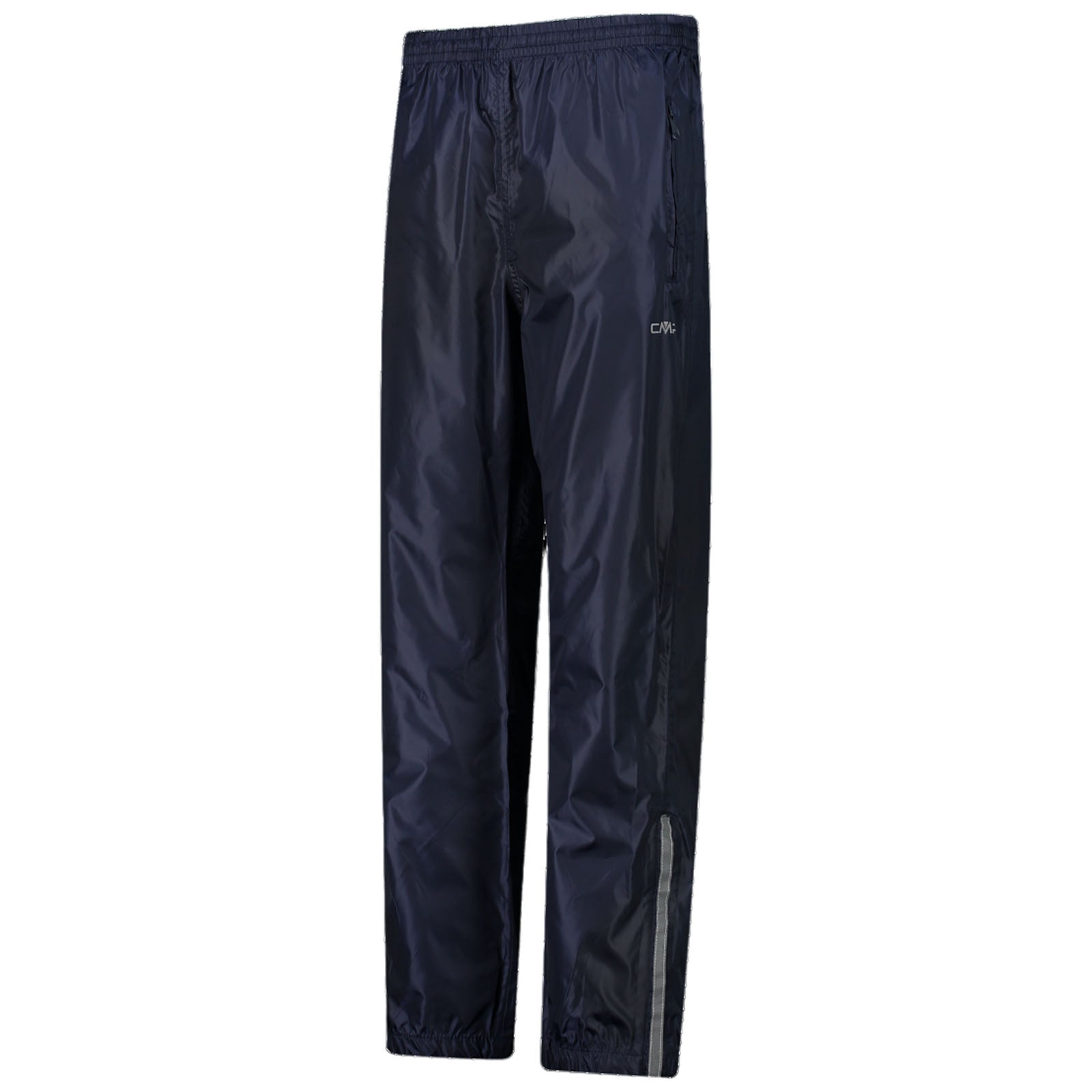Navy blue, lightweight, water-resistant pants are displayed. Designed for outdoor use, they feature an elastic waistband and side pockets, suitable for wet weather or active wear.