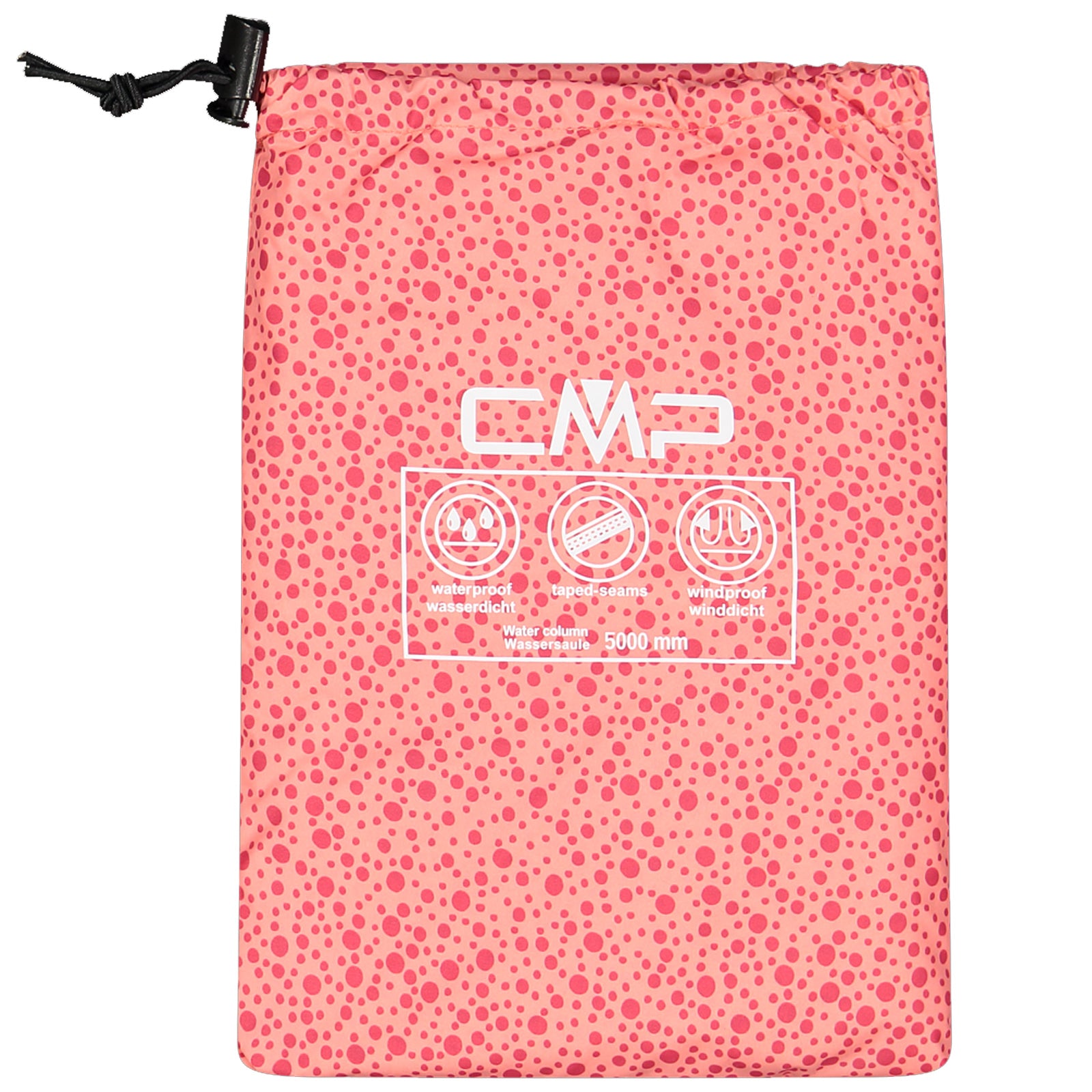 A pink drawstring bag features a speckled pattern displaying icons and text regarding its waterproof and windproof properties designed for outdoor use with a water column of 5000 mm.