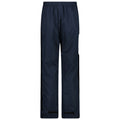 Dark navy waterproof pants stand upright showcasing an elastic waistband and adjustable cuffs designed for outdoor activities in wet conditions. The fabric appears smooth and has a slight sheen.