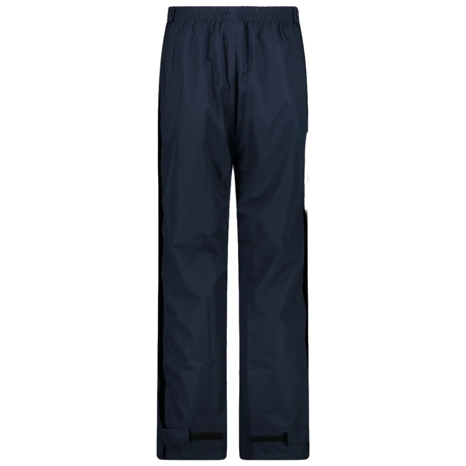 Dark navy waterproof pants stand upright showcasing an elastic waistband and adjustable cuffs designed for outdoor activities in wet conditions. The fabric appears smooth and has a slight sheen.