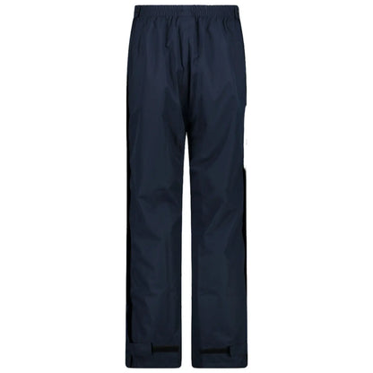 Dark navy waterproof pants stand upright showcasing an elastic waistband and adjustable cuffs designed for outdoor activities in wet conditions. The fabric appears smooth and has a slight sheen.