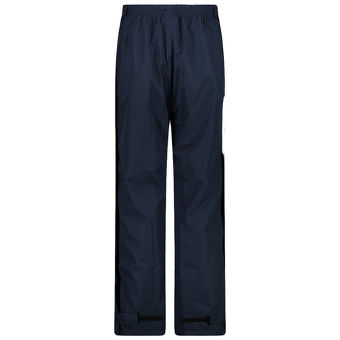 Dark navy waterproof pants stand upright showcasing an elastic waistband and adjustable cuffs designed for outdoor activities in wet conditions. The fabric appears smooth and has a slight sheen.