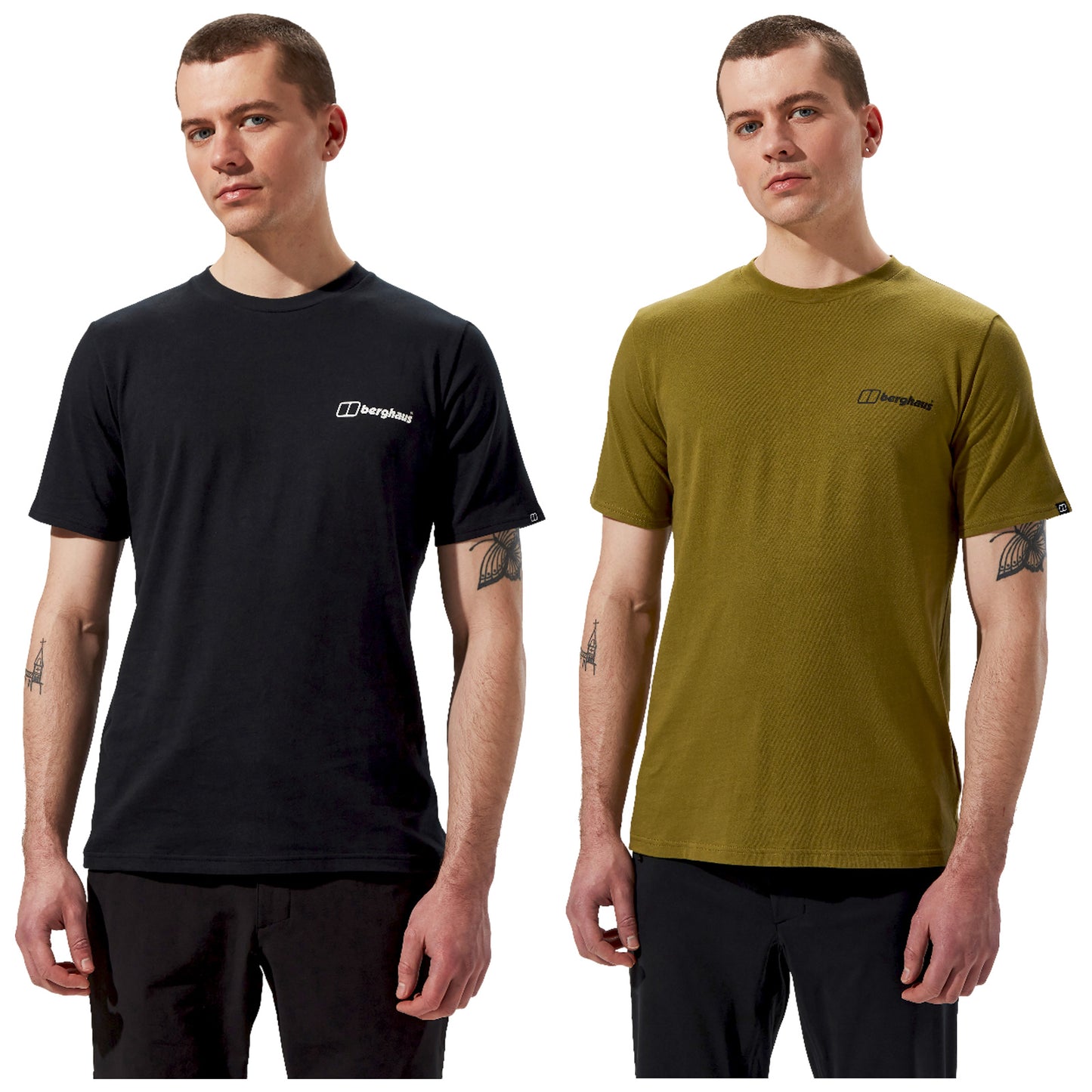 Two men are standing side by side wearing short-sleeved t-shirts one black and one olive green both showcasing a logo on the chest with a plain white background