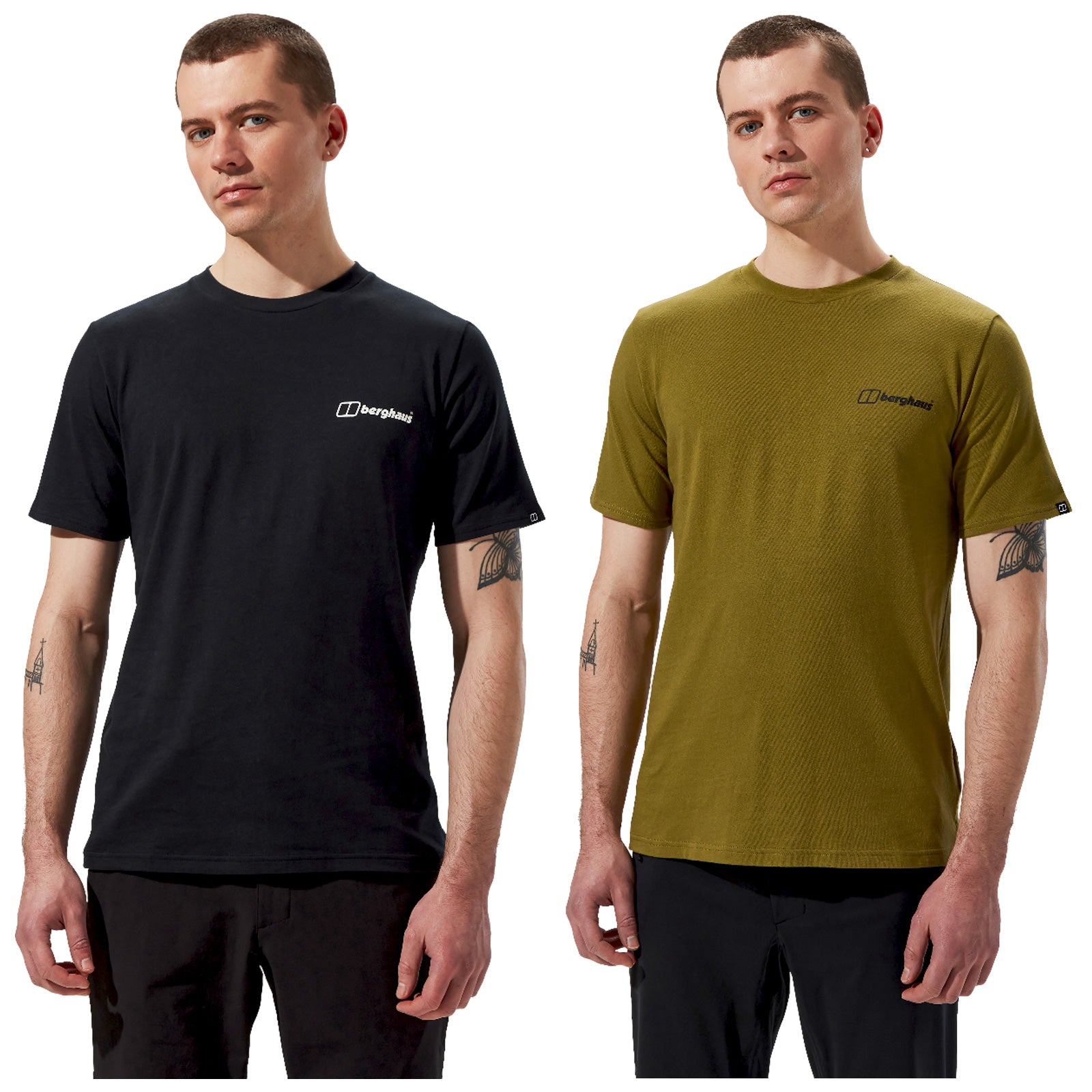 Two men are standing side by side wearing short-sleeved t-shirts one black and one olive green both showcasing a logo on the chest with a plain white background