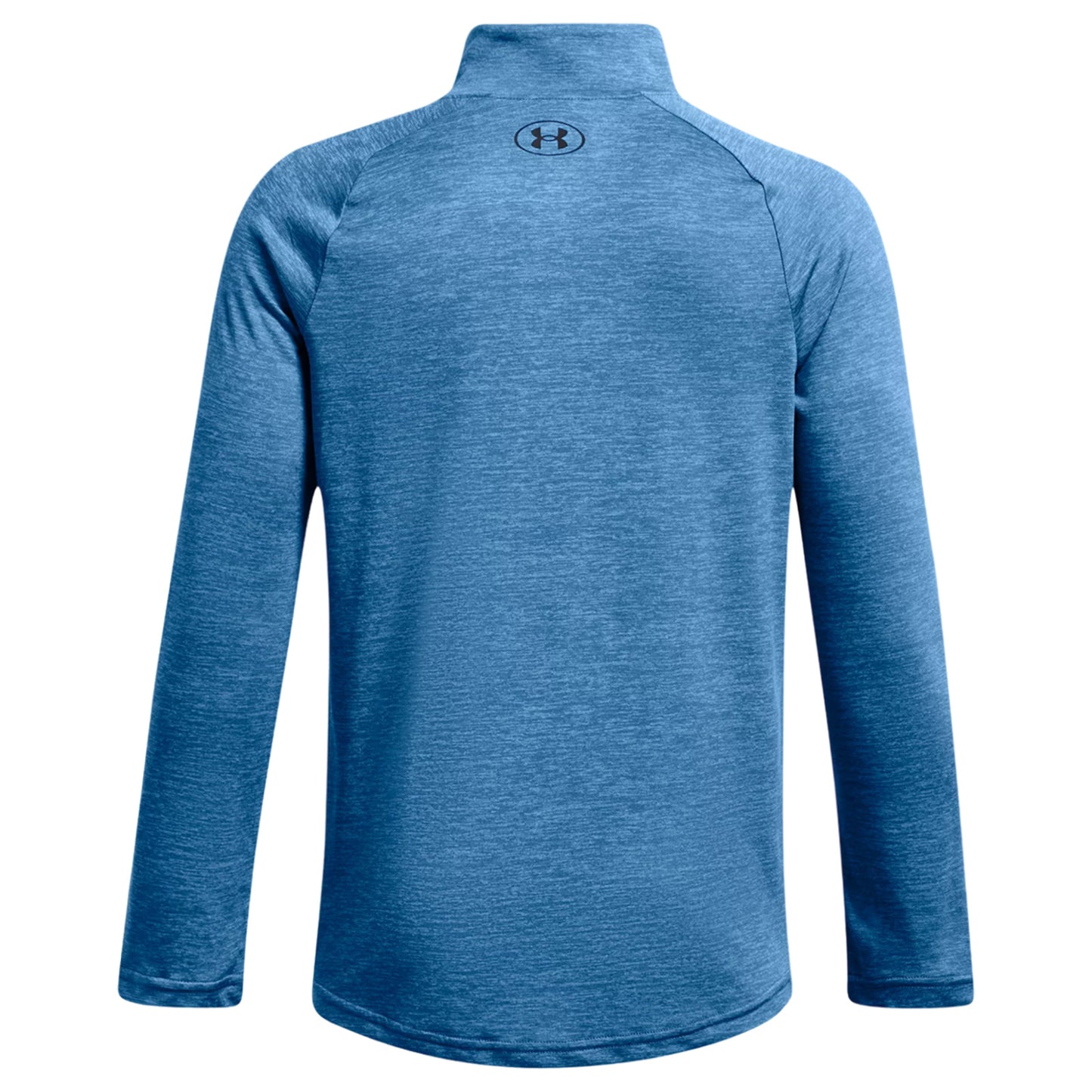 A blue long-sleeve athletic shirt is displayed with a high collar and a logo on the back. The fabric appears smooth and untextured, suggesting a comfortable fit for active wear.