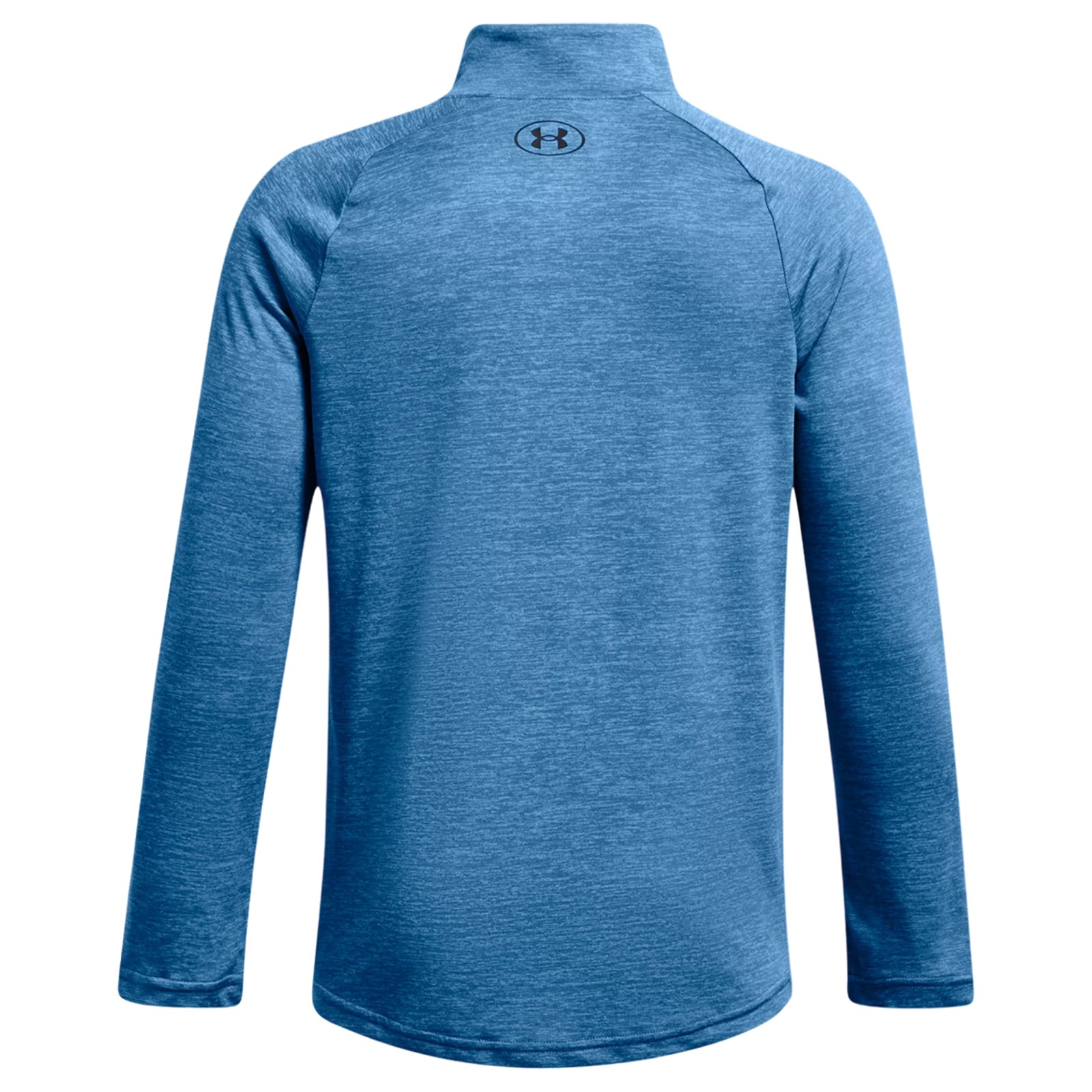 A blue long-sleeve athletic shirt is displayed with a high collar and a logo on the back. The fabric appears smooth and untextured, suggesting a comfortable fit for active wear.