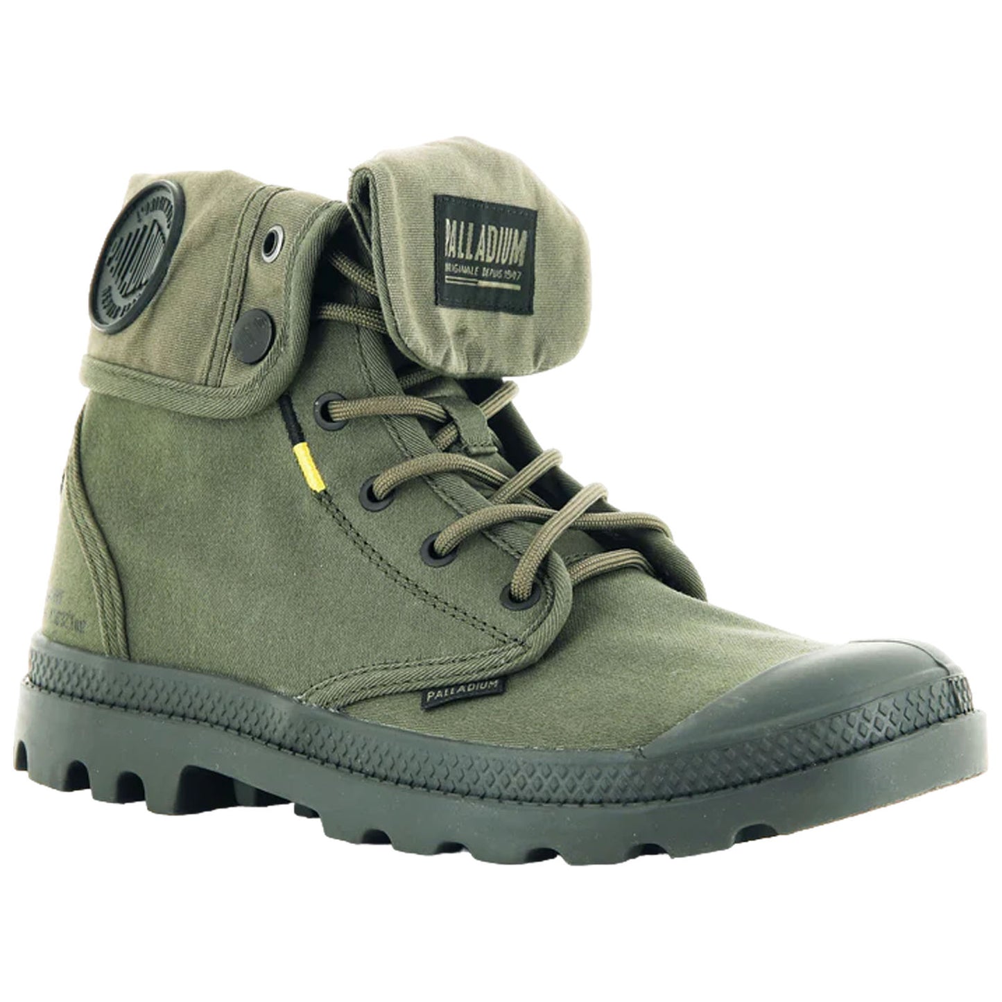 A green high-top boot features a flexible canvas upper with a foldable cuff and rubber sole designed for rugged use in outdoor settings. The boot has laces and a small logo patch.