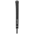 A black golf club grip with a textured surface is positioned vertically against a plain background the grip is branded with the Golf Pride logo in white text.