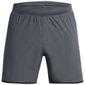 Gray athletic shorts are displayed frontally showcasing an elastic waistband and a smooth fabric texture designed for comfort and performance in sports or workouts.