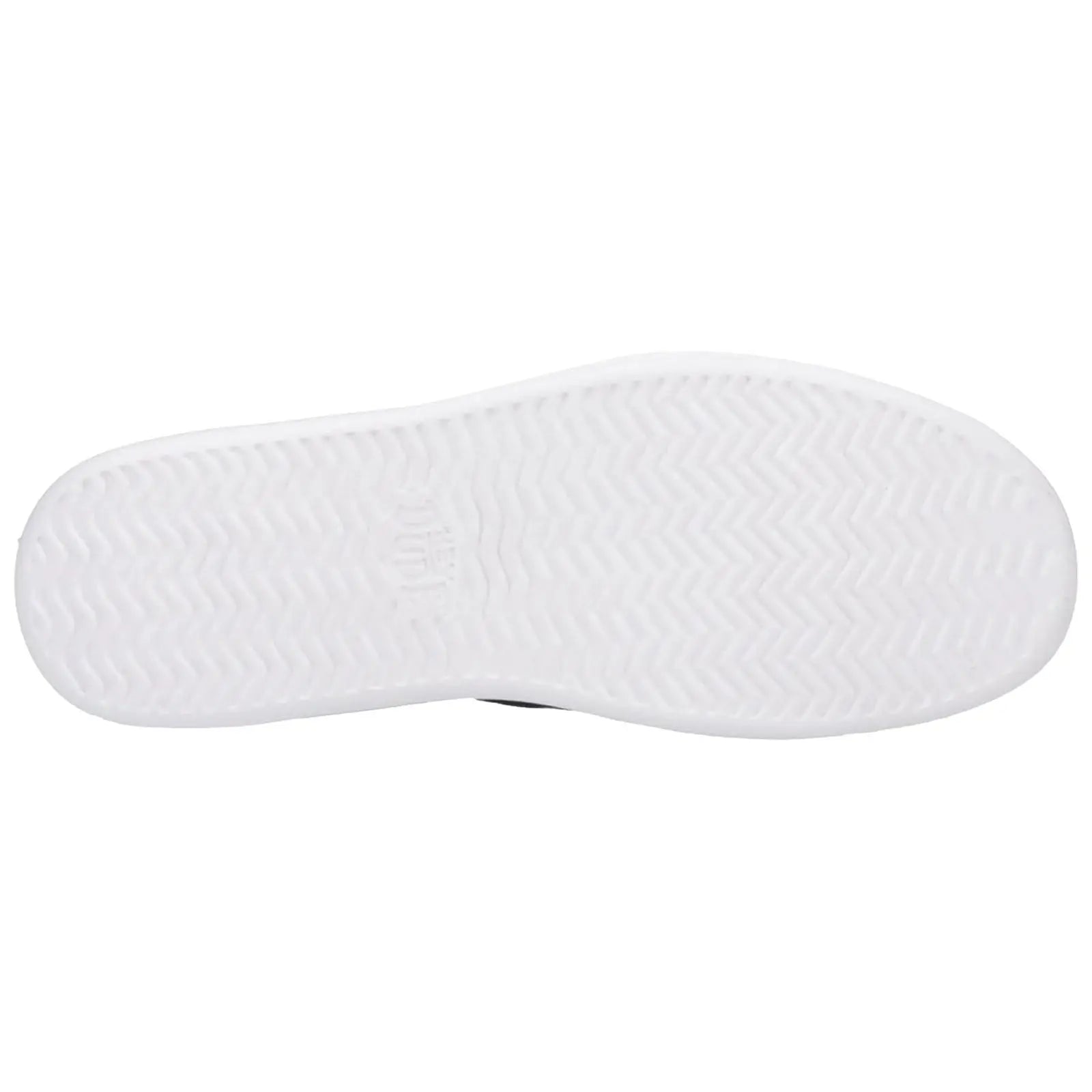 A white shoe sole rests flat showing a textured pattern designed for traction against a plain background which highlights the footwear's simple and functional design.