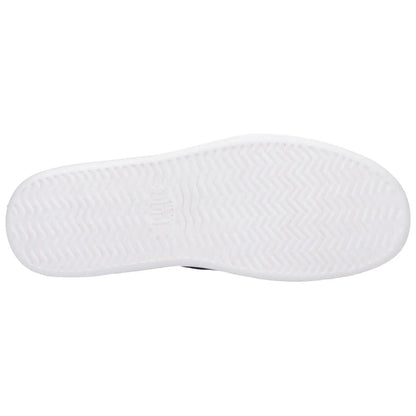 A white shoe sole rests flat showing a textured pattern designed for traction against a plain background which highlights the footwear's simple and functional design.