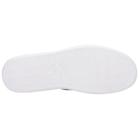 A white shoe sole rests flat showing a textured pattern designed for traction against a plain background which highlights the footwear's simple and functional design.