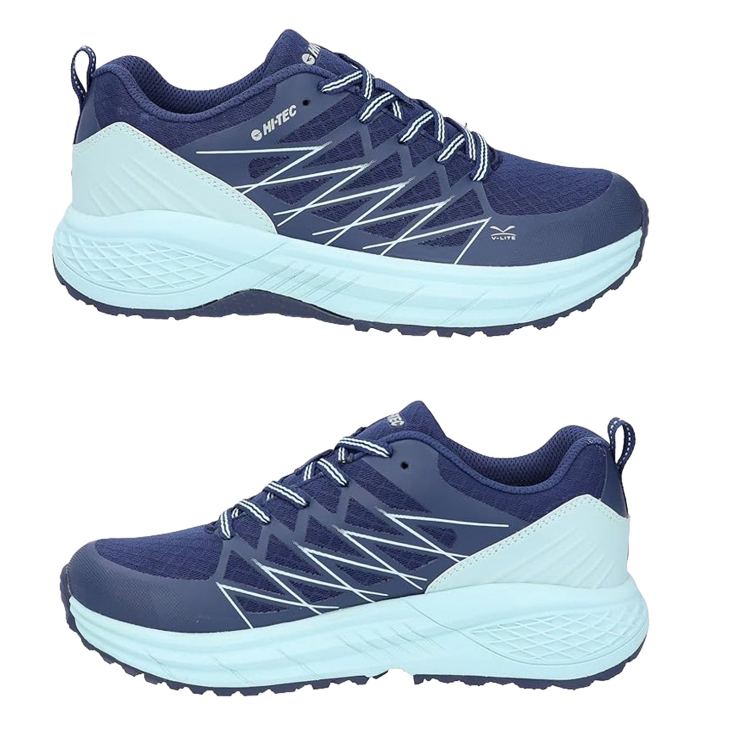 Navy blue athletic shoes with a light blue sole are displayed from different angles featuring a textured design and laces. The setting emphasizes their sporty appearance and function.