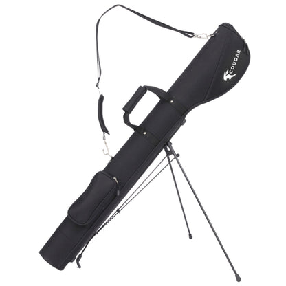 A black guitar case stands upright on three black legs showcasing its sleek design and zipper pocket while a shoulder strap hangs from the top for easy carrying.