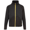 A black and yellow zip-up jacket features a quilted top section with triangular patterns and a smooth lower section designed for warmth and style in casual or outdoor settings.