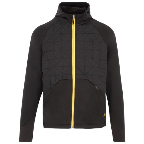 A black and yellow zip-up jacket features a quilted top section with triangular patterns and a smooth lower section designed for warmth and style in casual or outdoor settings.