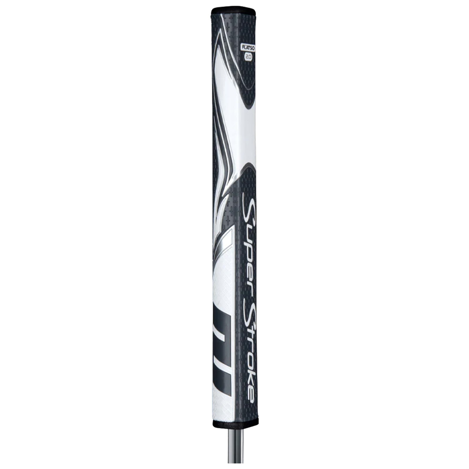 A golf putter grip is prominently displayed in a vertical position showcasing a black and white design with the text "Super Stroke" clearly visible on its surface and a smooth finish surrounding it.