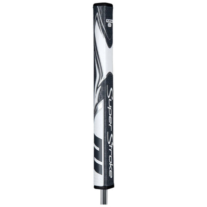 A golf putter grip is prominently displayed in a vertical position showcasing a black and white design with the text "Super Stroke" clearly visible on its surface and a smooth finish surrounding it.