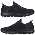 Black athletic shoes are displayed from two angles showcasing a breathable mesh upper and flexible sole designed for comfort in various activities, suitable for casual wear or exercise.