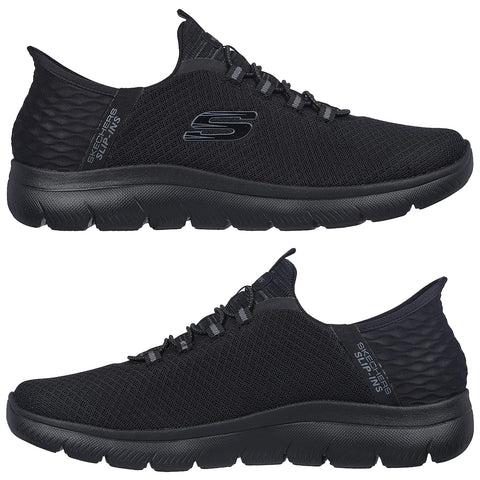 Black athletic shoes are displayed from two angles showcasing a breathable mesh upper and flexible sole designed for comfort in various activities, suitable for casual wear or exercise.