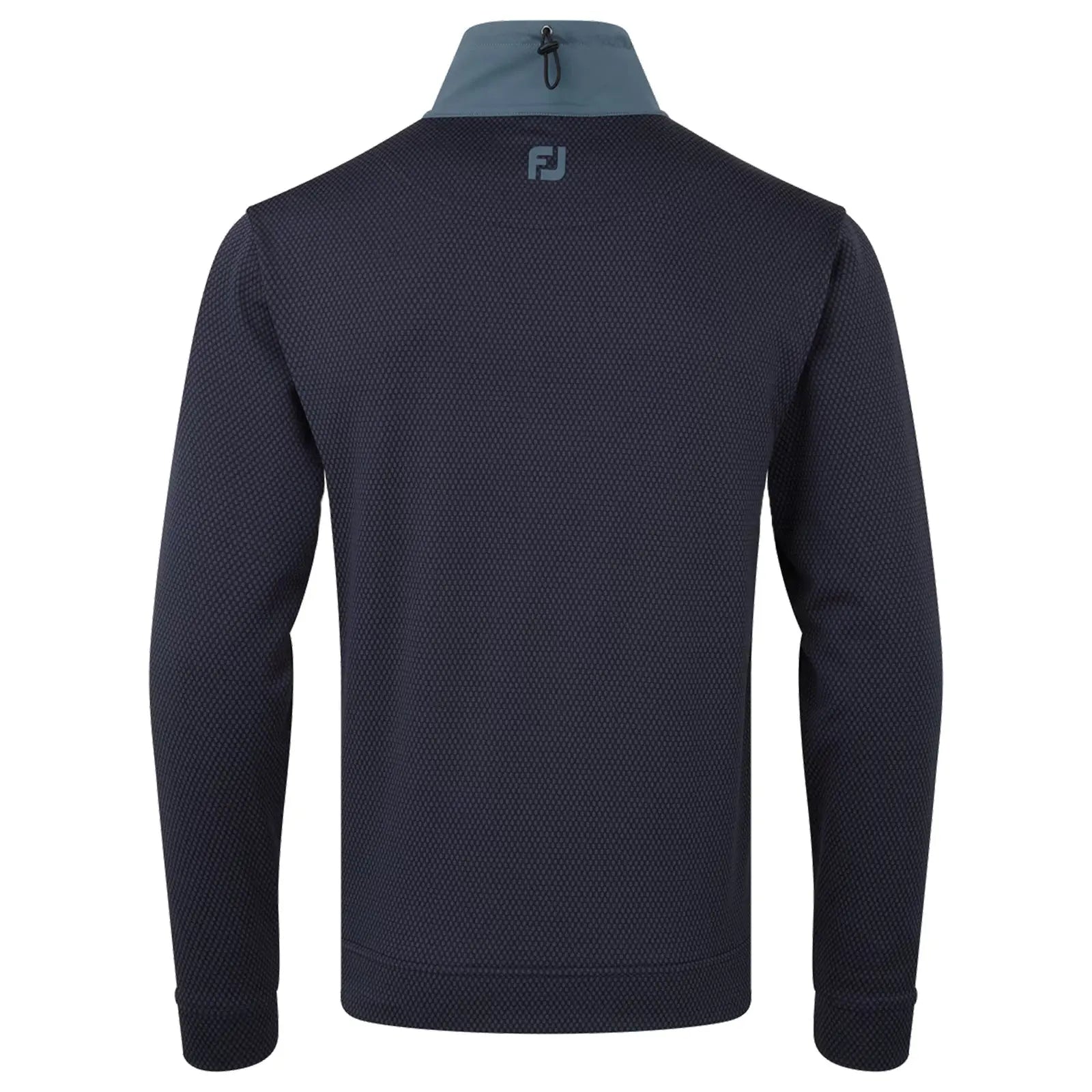 A dark blue long-sleeve pullover stretches across the frame featuring a textured pattern and a high collar with a grey accent at the neck showcasing the logo on the back.