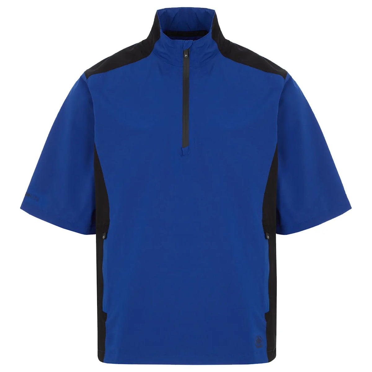 A short-sleeved blue athletic shirt with a high collar features black side panels and a front zipper. It is displayed on a plain white background, highlighting its design.