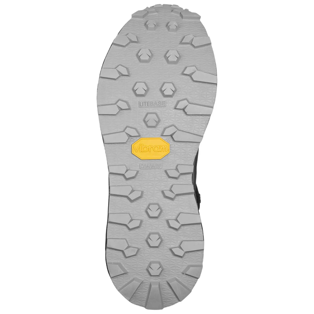 A rugged shoe sole designed for traction features multi-directional lugs and a yellow Vibram logo demonstrating durability and grip suitable for outdoor activities on varied terrain.