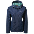 A navy blue waterproof jacket with a hood and a contrasting light blue interior is presented hanging. It features a front zipper and a logo on the chest area.
