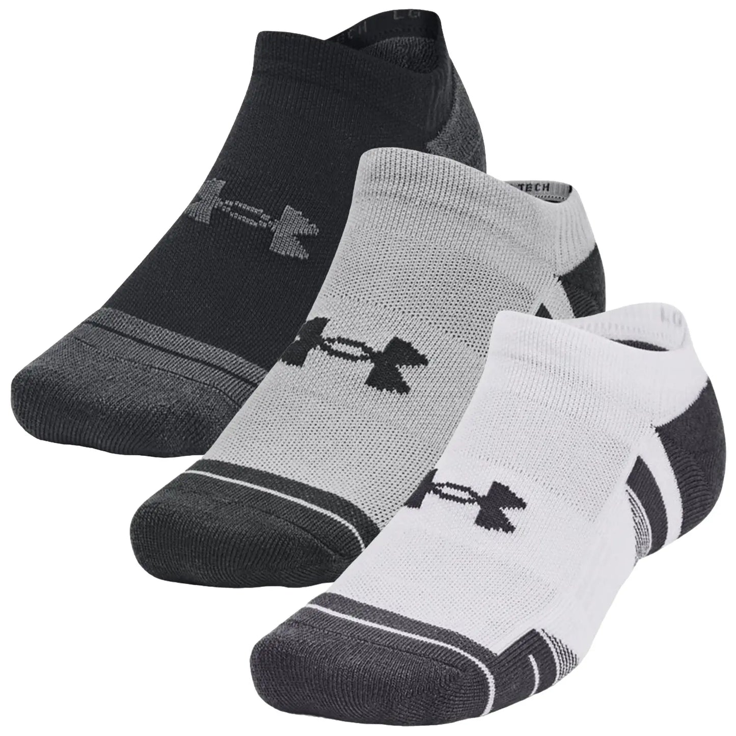 Three pairs of athletic socks are displayed side by side featuring black grey and white colors each with an Under Armour logo while showcasing varying designs suitable for sports or casual wear.