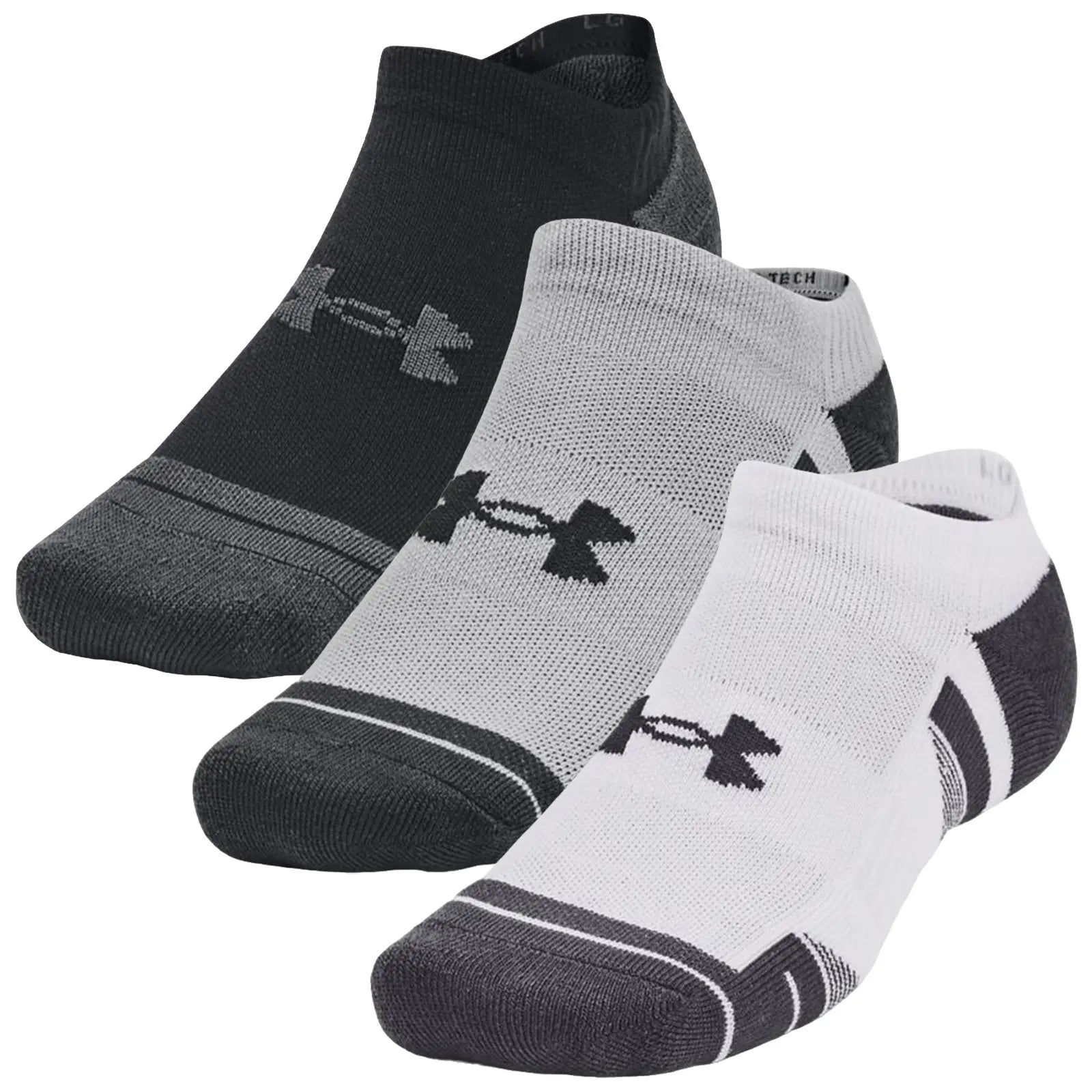 Three pairs of athletic socks are displayed side by side featuring black grey and white colors each with an Under Armour logo while showcasing varying designs suitable for sports or casual wear.