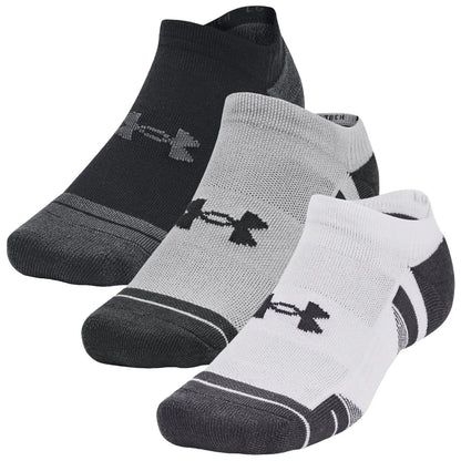 Three pairs of athletic socks are displayed side by side featuring black grey and white colors each with an Under Armour logo while showcasing varying designs suitable for sports or casual wear.