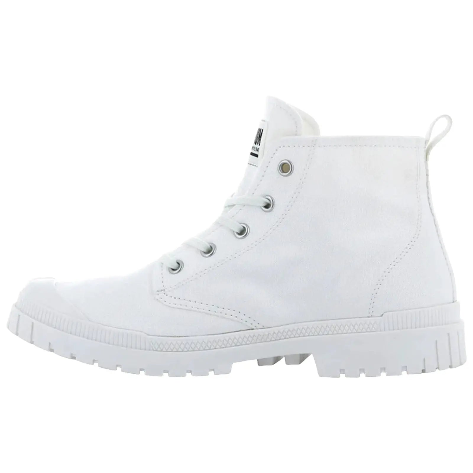 A white high-top sneaker stands upright showcasing its textured canvas material and rubber sole with distinct tread patterns and silver eyelets for laces in a plain background.