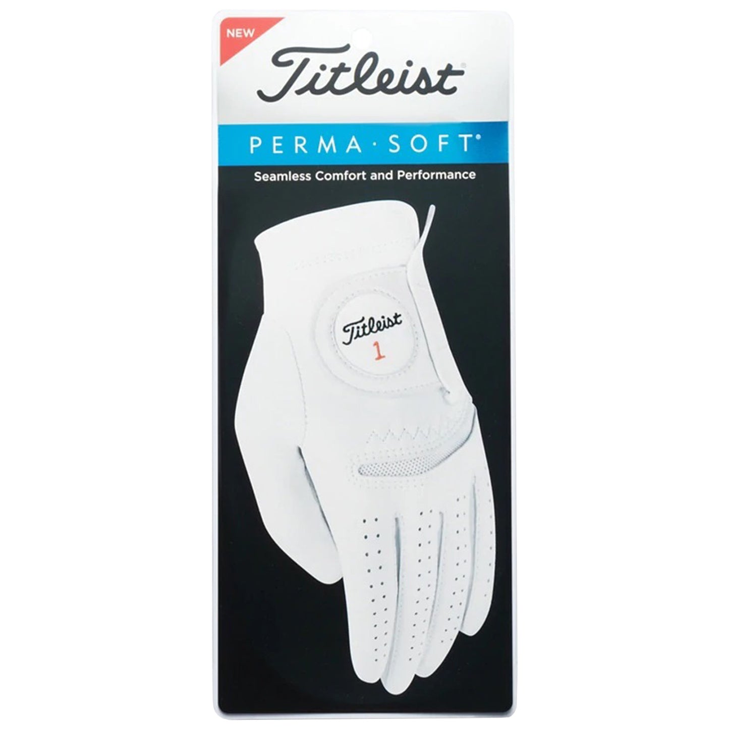A white golf glove is displayed on a black backdrop with text indicating it is a Titleist Perma-Soft model emphasizing seamless comfort and performance along with the number one tag