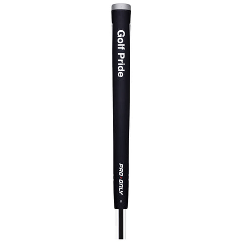 A black golf club grip is positioned vertically showcasing the logo Golf Pride and the text Pro Only indicating its design for professional use likely set against a plain white background.