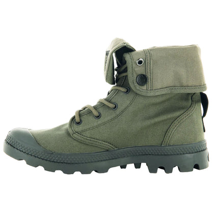 A green ankle boot with a foldable cuff features laces and a thick rubber sole providing traction suitable for outdoor activities designed for durability and support in rugged environments.