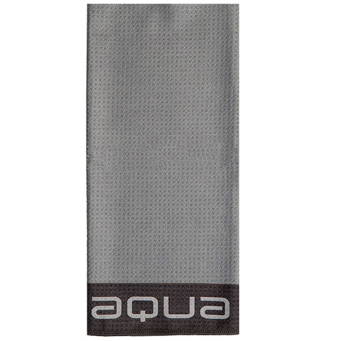 A gray towel lies flat displaying a textured surface with a black band at the bottom featuring the word aqua in white text. The context suggests a clean and minimalistic design suitable for gym or athletic use.