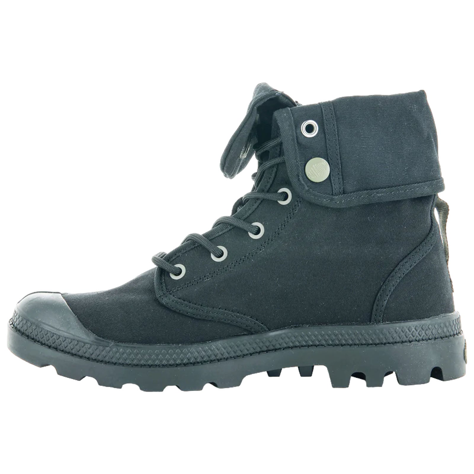 A black canvas boot with a rubber toe cap and distinct lacing fastening stands upright it features a foldable flap on the top and a rugged sole for grip