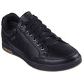 A black sneaker features a smooth leather upper with rounded toe and flat sole laced securely in place displayed against a neutral background designed for casual wear and comfort