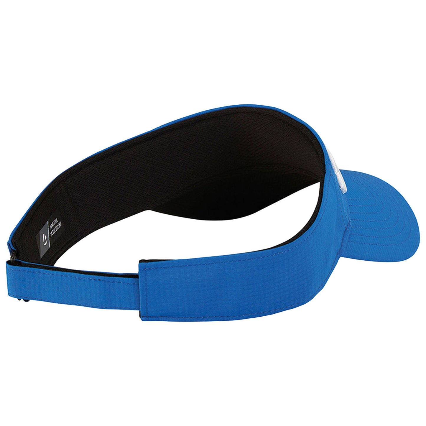 A blue visor with a curved bill is positioned sideways showing its inner black lining and an adjustable strap at the back for securing it on a person's head.