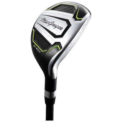 A golf club with a sleek silver and black design featuring green accents is positioned at an angle showcasing its head and handle ready for use on a golf course.