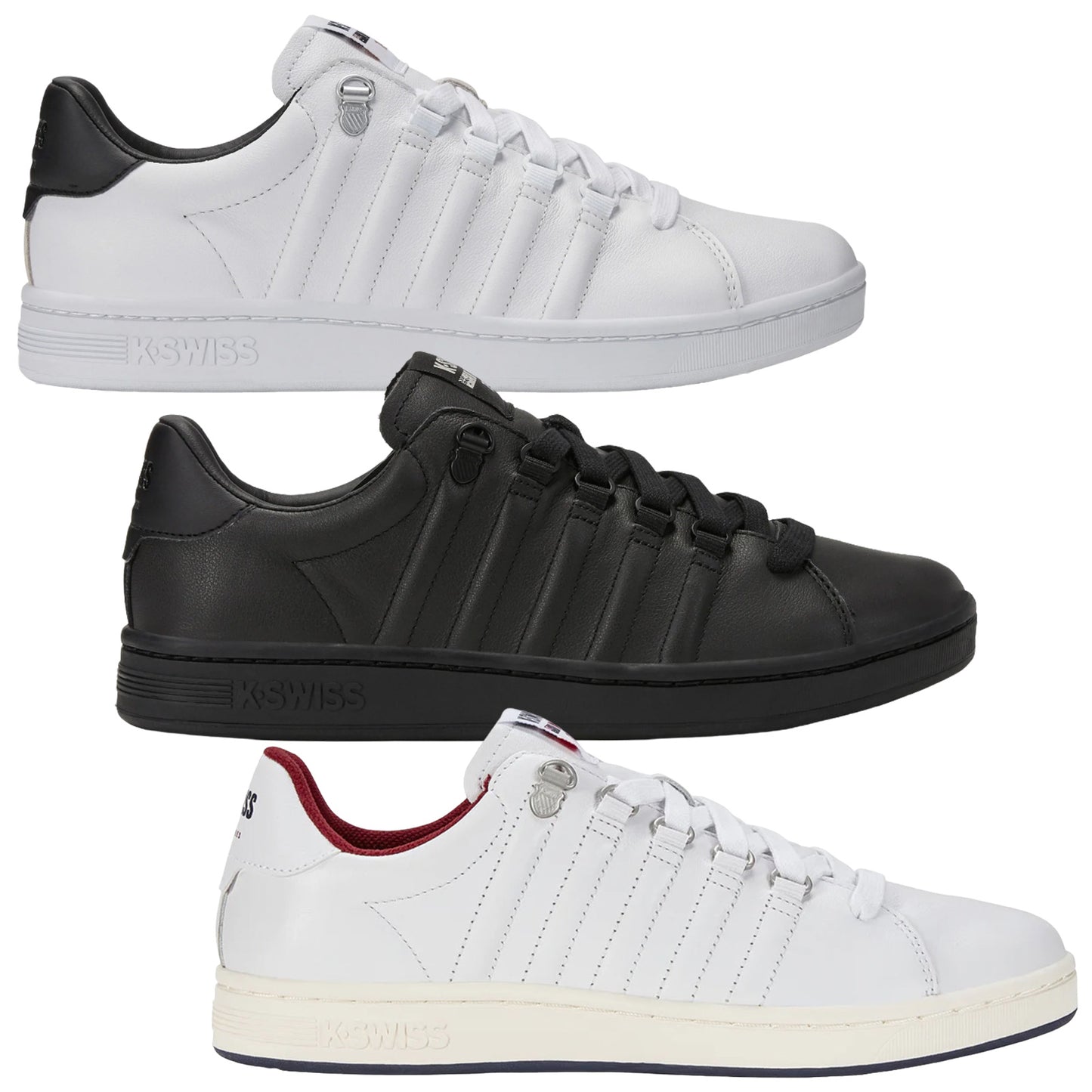 Three pairs of K-Swiss sneakers are stacked vertically. Each pair features a distinct color: white with black accents, black, and white with red accents. The shoes are designed with multiple laces and a sleek, sporty appearance.