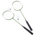 Two badminton rackets with black grips are positioned side by side alongside two white shuttlecocks placed nearby, creating a ready-to-play sports scene.