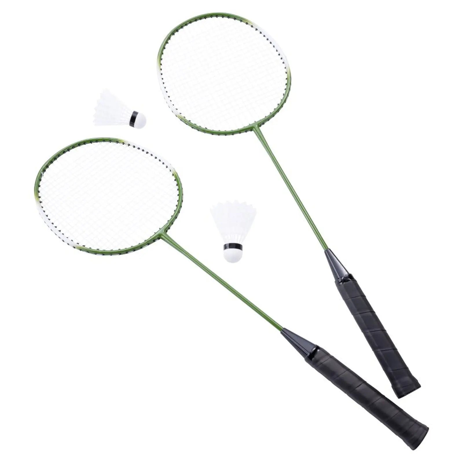 Two badminton rackets with black grips are positioned side by side alongside two white shuttlecocks placed nearby, creating a ready-to-play sports scene.