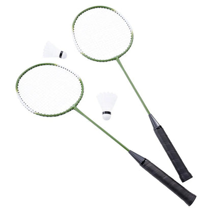 Two badminton rackets with black grips are positioned side by side alongside two white shuttlecocks placed nearby, creating a ready-to-play sports scene.